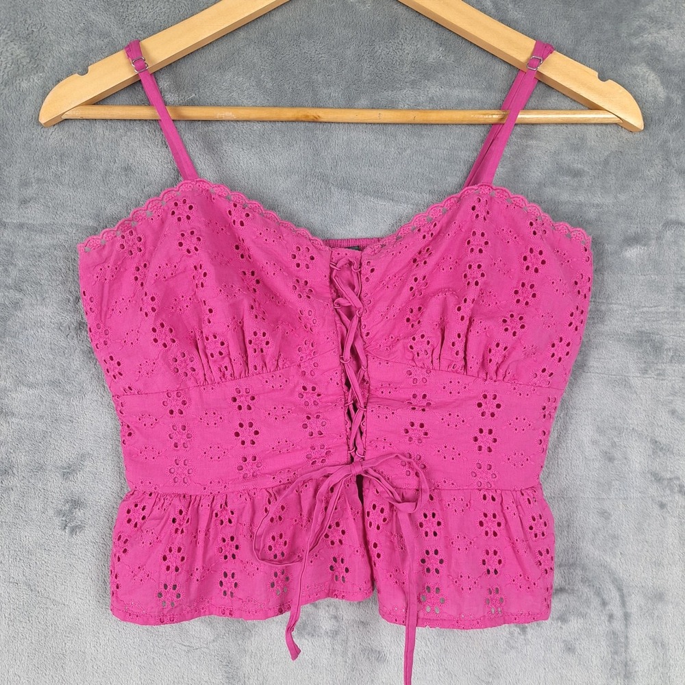 Womens Top Small Babydoll Eyelet Coquette Cottagecore Lace Up Corset Fairy Crop